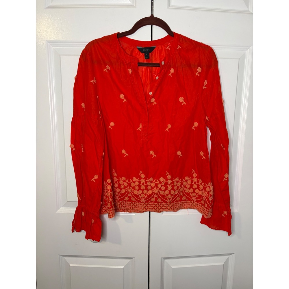 J.Crew Red Embroidered Floral Eyelet Cotton Peasant Top Women's Size Medium